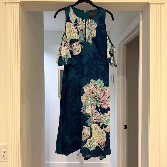 Maeve Anthropologie Floral Cold Shoulder Teal Midi Length Dress Sz 4 Modest - Picture 2 of 14